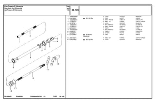 1000RPM
EH44Z001T0210065C
50-120 No
50-85 No
50-125 No
1
2
3
4
5
6
7
8
9
10
11
12
13
14
1868538M4
038784N1
1662726M1
377832X1
027879P1
195507M1
377602X1
023234S1
1692582M1
035678T1
023239P1
023229N2
359103X1
034218N2
1
1
1
1
1
1
1
1
1
1
2
1
1
1
SLEEVE MANCHA
SHAFT ARBOL
CIRCLIP CIRCULITO
O RING JUNTA TORICA
SLEEVE MANCHA
BEARING COJINETE
CIRCLIP CIRCULITO
PIPE CANO
BEARING COJINETE
COVER CUBIERTA
PLATE CHAPA
SHAFT ARBOL
O RING JUNTA TORICA
SLEEVE MANCHA
LUVA
EIXO
ANEL TRAVA
ANEL "O"
LUVA
ROLAMENTO
ANEL TRAVA
TUBO
ROLAMENTO
TAMPA
CHAPA
EIXO
ANEL "O"
LUVA
CPE650ADV E01 11/02(1)
50 105
Tdpi
Ipto
Tdfi
Eixo Traseiro E Diferencial
Rear Axle And Diferential
Aje Trasero E Diferencial
50 105-
Menu Símbolos
 