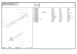 EC78Z0033701481M91
3699909M1
1
2
3
4
5
6
7
8
9
10
11
12
13
14
15
16
17
18
1870860M1
1688532M1
1870011M1
3699355M1
364689X1
186198M1
3701442M1
3612141M1
3610279M2
3699433M1
391129X1
1870859M1
3599601M93
3699353M1
3699313M1
3599507M2
1691307M2
1442512X1
7
7
1
1
1
1
1
2
1
1
1
1
1
1
1
1
1
1
13
13
DISC DISCO
DISC DISCO
SHIM CALCE
PLATE PLATO
RING ARO
RING ARO
HOUSING ALOJAMIENTO
RING ARO
RING ARO
WASHER ARANDELA
CIRCLIP CIRCULITO
SEAL RETEN
KIT, PISTON JUEGO DE PISTON
PLUG TAPON
PISTON PISTON
SPRING RESORTE
RING ARO
RING ARO
DISCO
DISCO
CALÇO
PLACA
ANEL
ANEL
CARCAÇA
ANEL
ANEL
ARRUELA
ANEL TRAVA
RETENTOR
CJ. PISTÃO
BUJÃO
PISTÃO
MOLA
ANEL
ANEL
CPE650ADV E01 11/02(1)
50 150
Embreagem Da Tomada De Força Independente
Independent Power Take-Off Clutch
Embrague De La Toma De Fuerza Independente
50 150-
Menu Símbolos
 