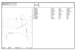 EM00Z003T04722007
1
2
3
4
5
6
7
8
9
10
11
12
13
14
057235P1
059108S1
3386166M1
1442174X1
3386192M1
391056X1
1679932M2
3801299M93
059277P1
059107T1
3712277M1
3715489M2
339228X1
3777016M1
1
1
2
1
1
2
1
1
1
1
1
1
2
1
DECAL CALCOMANIA
LEVER PALANCA
WASHER ARANDELA
WASHER ARANDELA
SPRING PLATE PLETINA MUELLE
NUT TUERCA
CRAMP PASADOR
BRACKET SOPORTE
GROMMET PASACABLE
CABLE CABLE
SHAFT ARBOL
GUIDE GUIA
BOLT PERNO
KNOB POMO
DECAL
ALAVANCA
ARRUELA
ARRUELA
MOLA PRATO
PORCA
GRAMPO
SUPORTE
PASSA-FIO
CABO
EIXO
GUIA
PARAFUSO
MANÍPULO
CPE650ADV E01 11/02(1)
50 180
Alavancas De Acionamento Na Plataforma
Header Drive Lever
Palancas De La Accionamiento Del Platafo
50 180-
Menu Símbolos
 