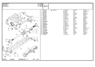 EF12Z002T0214005
60-20 No1
2
3
4
5
6
7
8
9
10
11
12
13
14
15
16
18
19
20
21
22
23
25
26
27
037077N1
027030P1
353426X1
353432X1
353757X1
353726X1
375098X1
353439X1
353758X1
353725X1
057511T1
3586951M91
353437X1
353439X1
3586962M91
353595X1
339124X1
3409609M1
13811X
3410728M1
3411830M1
033074P1
3409940M91
3409813M91
353565X1
1
16
2
2
2
4
4
4
8
4
1
1
2
2
1
2
2
2
2
8
4
1
1
1
2
BRACKET SOPORTE
PAD ALMOHADILLA
NUT TUERCA
WASHER ARANDELA
WASHER ARANDELA
BOLT PERNO
NUT TUERCA
WASHER ARANDELA
WASHER ARANDELA
BOLT PERNO
SHAFT ARBOL
GUARD DEFENSA
NUT TUERCA
WASHER ARANDELA
BRACKET SOPORTE
BOLT PERNO
BOLT PERNO
SLEEVE MANCHA
GREASER ENGRASADOR
NUT TUERCA
BUSH CASQUILLO
SHAFT ARBOL
BEARING COJINETE
COVER CUBIERTA
BOLT PERNO
SUPORTE
TAMPÃO
PORCA
ARRUELA
ARRUELA
PARAFUSO
PORCA
ARRUELA
ARRUELA
PARAFUSO
EIXO
PROTEÇÃO
PORCA
ARRUELA
SUPORTE
PARAFUSO
PARAFUSO
LUVA
GRAXEIRA
PORCA
BUCHA
EIXO
MANCAL
TAMPA
PARAFUSO
CPE650ADV E01 11/02(1)
60 10
Zf - Apl 350
Zf - Apl 350
Zf - Apl 350
Eixo Dianteiro
Front Axle
Eje Delantero
60 10-
Menu Símbolos
 