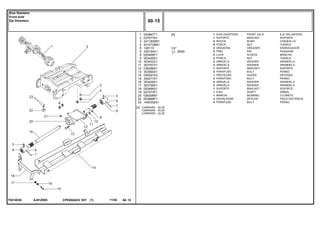1/4"
AJ01Z005T0214036
[A] CARRARO - 20.25
CARRARO - 20.25
CARRARO - 20.25
8X60
1
2
3
4
5
6
8
9
10
11
12
13
14
15
16
17
18
19
20
22
23
053667T1
037077N1
3411830M1
3410728M1
13811X
339194X1
020458P1
353426X1
353432X1
353757X1
036296S1
353565X1
036291S2
354277X1
353439X1
353758X1
020494S1
047473P1
036306N1
053668P1
1440352X1
1
1
4
8
2
2
2
2
2
2
1
2
1
2
2
2
1
1
1
2
4
[A] FRONT AXLE EJE DELANTERO
BRACKET SOPORTE
BUSH CASQUILLO
NUT TUERCA
GREASER ENGRASADOR
PIN PASADOR
SLEEVE MANCHA
NUT TUERCA
WASHER ARANDELA
WASHER ARANDELA
BRACKET SOPORTE
BOLT PERNO
GUARD DEFENSA
BOLT PERNO
WASHER ARANDELA
WASHER ARANDELA
BRACKET SOPORTE
SHAFT ARBOL
BEARING COJINETE
SPACER PIEZA DISTANCIA
BOLT PERNO
EIXO DIANTEIRO
SUPORTE
BUCHA
PORCA
GRAXEIRA
PINO
LUVA
PORCA
ARRUELA
ARRUELA
SUPORTE
PARAFUSO
PROTEÇÃO
PARAFUSO
ARRUELA
ARRUELA
SUPORTE
EIXO
MANCAL
ESPAÇADOR
PARAFUSO
CPE650ADV E01 11/02(1)
60 15
Eixo Dianteiro
Front Axle
Eje Delantero
60 15-
Menu Símbolos
 