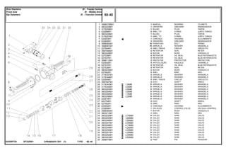 EF23Z001022559T2A
1,5MM
2,0MM
2,5MM
3,0MM
1,7MM
2,2MM
3,75MM
3,85MM
3,95MM
4,05MM
4,15MM
4,25MM
4,35MM
4,45MM
4,55MM
4,60MM
1
2
3
4
5
6
7
8
9
10
11
12
13
14
15
16
17
18
19
20
21
22
23
24
25
26
26
26
26
26
26
26
27
28
30
31
32
33
34
34
34
34
34
34
34
34
34
34
35
3588078M91
3603229M1
3176258M1
033556R1
3603226M1
3176257M1
033553R1
033606R1
3588082M1
3588081M1
027544R1
3587946M1
3603228M1
027539R1
027537R1
3588112M1
033550R1
027537R1
027536R1
3603235M1
027562R1
3176337M1
3176348M1
033549R1
3587947M1
3176343M1
3176344M1
3603293M1
3603294M1
3603295M1
3603296M1
033618R1
043754R1
027562R1
033552R1
033609R1
3588080M1
3603212M1
3603230M1
3603245M1
3603246M1
3603247M1
3603248M1
3603249M1
3603250M1
3603251M1
3603252M1
3603253M1
3588079M1
1
1
1
2
1
1
1
2
16
16
2
2
2
2
2
2
2
2
2
2
2
2
2
2
2
X
X
X
X
X
X
X
2
2
1
1
1
1
X
X
X
X
X
X
X
X
X
X
2
BEARING COJINETE
GREASER ENGRASADOR
PLUG TAPON
O RING JUNTA TORICA
PLUG TAPON
O RING JUNTA TORICA
HOUSING ALOJAMIENTO
GREASER ENGRASADOR
BOLT PERNO
WASHER ARANDELA
CIRCLIP CIRCULITO
SEAL RETEN
BUSH CASQUILLO
OIL SEAL BUJE RETENACEITE
OIL SEAL BUJE RETENACEITE
PROTECTOR PROTECTOR
KNUCKLE CHARNELA
OIL SEAL BUJE RETENACEITE
SEAL RETEN
BUSH CASQUILLO
RING ARO
WASHER ARANDELA
WASHER ARANDELA
CIRCLIP CIRCULITO
SHAFT ARBOL
WASHER ARANDELA
WASHER ARANDELA
WASHER ARANDELA
WASHER ARANDELA
WASHER ARANDELA
WASHER ARANDELA
WASHER ARANDELA
SHAFT ARBOL
RING ARO
HOUSING ALOJAMIENTO
CONTROL VALVE VALVULA CONTROL
BUSH CASQUILLO
RING ARO
SHIM CALCE
SHIM CALCE
SHIM CALCE
SHIM CALCE
SHIM CALCE
SHIM CALCE
SHIM CALCE
SHIM CALCE
SHIM CALCE
SHIM CALCE
PIN PASADOR
MANCAL
GRAXEIRA
BUJÃO
ANEL "O"
BUJÃO
ANEL "O"
CARCAÇA
GRAXEIRA
PARAFUSO
ARRUELA
ANEL TRAVA
RETENTOR
BUCHA
RETENTOR
RETENTOR
PROTETOR
ARTICULAÇÃO
RETENTOR
RETENTOR
BUCHA
ANEL
ARRUELA
ARRUELA
ANEL TRAVA
EIXO
ARRUELA
ARRUELA
ARRUELA
ARRUELA
ARRUELA
ARRUELA
ARRUELA
EIXO
ANEL
CARCAÇA
VÁLVULA
BUCHA
ANEL
CALÇO
CALÇO
CALÇO
CALÇO
CALÇO
CALÇO
CALÇO
CALÇO
CALÇO
CALÇO
PINO
CPE650ADV E01 11/02(1)
60 40
Zf - Tração Central
Zf - Middle Drive
Zf - Tracción Central
Eixo Dianteiro
Front Axle
Eje Delantero
60 40-
Menu Símbolos
 