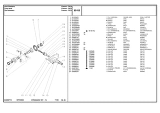 EF07Z008044066T1C
60-80 No
2,50MM
2,60MM
2,70MM
2,80MM
2,90MM
3,00MM
3,10MM
3,20MM
3,30MM
3,40MM
11/32
1
2
3
4
5
6
7
8
9
10
11
12
13
14
15
16
17
18
19
20
21
21
21
21
21
21
21
21
21
21
22
23
24
041004R1
041055R1
041054R1
041053R1
040995R1
3475587M1
3475584M1
3475585M1
044209R1
040962R1
3475335M1
3475341M1
040961R1
3475329M1
3475567M1
3475570M1
3475569M1
040960R1
040992R1
040991R1
040981R1
040982R1
040983R1
040984R1
040985R1
040986R1
040987R1
040988R1
040989R1
040990R1
040978R1
3475583M1
040993R1
1
8
10
2
1
12
2
2
1
4
4
2
10
1
2
1
1
1
2
1
X
X
X
X
X
X
X
X
X
X
1
2
2
18
18
22
22
22
22
HOUSE ASSY CONJ. CARTER
DISC DISCO
DISC DISCO
DISC DISCO
PIN PASADOR
BOLT PERNO
NUT TUERCA
BEARING COJINETE
KIT,DIFFERENTIAL JGO.DIFERENCIAL.
BOLT PERNO
BUSH CASQUILLO
PIN PASADOR
BOLT PERNO
PLUG TAPON
BEARING COJINETE
NUT TUERCA
WASHER ARANDELA
BRACKET SOPORTE
WASHER ARANDELA
SPACER PIEZA DISTANCIA
SHIM CALCE
SHIM CALCE
SHIM CALCE
SHIM CALCE
SHIM CALCE
SHIM CALCE
SHIM CALCE
SHIM CALCE
SHIM CALCE
SHIM CALCE
KIT, CROWNWHEEL JUEGO CORONA
PLATE CHAPA
BOLT PERNO
CJ. CARCAÇA
DISCO
DISCO
DISCO
PINO
PARAFUSO
PORCA
ROLAMENTO
CJ. DIFERENCIAL
PARAFUSO
BUCHA
PINO
PARAFUSO
BUJÃO
ROLAMENTO
PORCA
ARRUELA
SUPORTE
ARRUELA
ESPAÇADOR
CALÇO
CALÇO
CALÇO
CALÇO
CALÇO
CALÇO
CALÇO
CALÇO
CALÇO
CALÇO
COROA E PINHÃO
CHAPA
PARAFUSO
CPE650ADV E01 11/02(1)
60 85
Carraro - 20.21
Carraro - 20.21
Carraro - 20.21
Eixo Dianteiro
Front Axle
Eje Delantero
60 85-
Menu Símbolos
 