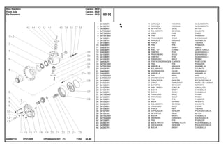 EF07Z009044066T1D
1
2
3
4
5
6
7
8
9
10
11
12
13
14
15
16
17
18
19
20
21
22
23
24
25
26
27
28
29
30
31
32
33
34
35
36
37
38
39
40
41
42
43
44
45
041056R1
041067R1
040994R1
3475599M1
3475600M1
3475618M1
041086R1
041087R1
041088R1
044086R1
044087R1
044088R1
044089R1
041095R1
041089R1
041093R1
044082R1
3475612M1
3475625M1
044083R1
044084R1
044085R1
3475595M1
3475594M1
041098R1
041084R1
041080R1
041079R1
041081R1
041082R1
3475604M1
041065R1
041068R1
041052R1
040949R1
041059R1
041060R1
041074R1
041057R1
3475535M1
3475345M1
041066R1
040947R1
040959R1
040957R1
1
1
2
4
2
4
12
16
16
6
6
6
6
4
2
4
2
2
6
18
6
6
2
2
2
2
2
2
2
10
12
16
2
2
2
2
2
2
2
2
4
2
2
2
2
HOUSING ALOJAMIENTO
HOUSING ALOJAMIENTO
SEAL RETEN
BEARING COJINETE
HUB CUBO
PIN PASADOR
STUD ESPARRAGO
WASHER ARANDELA
NUT TUERCA
PIN PASADOR
SHAFT ARBOL
O RING JUNTA TORICA
PAD ALMOHADILLA
STUD ESPARRAGO
PAD ALMOHADILLA
BOLT PERNO
CARRIER PORTADOR
PIN PASADOR
WASHER ARANDELA
BEARING COJINETE
GEAR ENGRANAJE
WASHER ARANDELA
RING ARO
GEAR ENGRANAJE
SPACER PIEZA DISTANCIA
SPROCKET RUEDA DE CADENA
BRACKET SOPORTE
CIRCLIP CIRCULITO
BUSH CASQUILLO
BUSH CASQUILLO
BOLT PERNO
BOLT PERNO
PIN PASADOR
SPRING RESORTE
BEARING COJINETE
BOLT PERNO
NUT TUERCA
SPACER PIEZA DISTANCIA
SEAL RETEN
BUSH CASQUILLO
GREASER ENGRASADOR
PIN PASADOR
SPRING PLATE PLETINA MUELLE
SPACER PIEZA DISTANCIA
BUSH CASQUILLO
CARCAÇA
CARCAÇA
RETENTOR
ROLAMENTO
CUBO
PINO
PRISIONEIRO
ARRUELA
PORCA
PINO
EIXO
ANEL "O"
TAMPÃO
PRISIONEIRO
TAMPÃO
PARAFUSO
PORTA ENGRENAGEM
PINO
ARRUELA
ROLAMENTO
ENGRENAGEM
ARRUELA
ANEL
ENGRENAGEM
ESPAÇADOR
COROA
SUPORTE
ANEL TRAVA
BUCHA
BUCHA
PARAFUSO
PARAFUSO
PINO
MOLA
ROLAMENTO
PARAFUSO
PORCA
ESPAÇADOR
RETENTOR
BUCHA
GRAXEIRA
PINO
MOLA PRATO
ESPAÇADOR
BUCHA
CPE650ADV E01 11/02(1)
60 90
Carraro - 20.21
Carraro - 20.21
Carraro - 20.21
Eixo Dianteiro
Front Axle
Eje Delantero
60 90-
Menu Símbolos
 