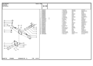 EF28Z002053667T1B
1
2
3
4
5
6
7
8
9
10
11
12
13
14
15
16
17
18
19
20
21
22
23
24
25
040964R1
040944R1
040969R1
040965R1
040966R1
040968R1
040953R1
053825R1
040962R1
3475335M1
040960R1
3475341M1
040932R1
040967R1
040942R1
040954R1
040961R1
041052R1
040949R1
053826R1
040956R1
040957R1
040959R1
040947R1
3475328M1
1
1
1
1
1
1
1
1
4
4
1
2
2
1
1
1
10
2
2
2
2
2
2
2
1
11
11
BRACKET SOPORTE
GREASER ENGRASADOR
BOLT PERNO
SEAL RETEN
WASHER ARANDELA
BUSH CASQUILLO
BUSH CASQUILLO
HOUSING ALOJAMIENTO
BOLT PERNO
BUSH CASQUILLO
BRACKET SOPORTE
PIN PASADOR
PAD ALMOHADILLA
WASHER ARANDELA
BUSH CASQUILLO
BUSH CASQUILLO
BOLT PERNO
SPRING RESORTE
BEARING COJINETE
SEAL RETEN
BUSH CASQUILLO
BUSH CASQUILLO
SPACER PIEZA DISTANCIA
SPRING PLATE PLETINA MUELLE
VALVE VALVULA
SUPORTE
GRAXEIRA
PARAFUSO
RETENTOR
ARRUELA
BUCHA
BUCHA
CARCAÇA
PARAFUSO
BUCHA
SUPORTE
PINO
TAMPÃO
ARRUELA
BUCHA
BUCHA
PARAFUSO
MOLA
ROLAMENTO
RETENTOR
BUCHA
BUCHA
ESPAÇADOR
MOLA PRATO
VÁLVULA
CPE650ADV E01 11/02(1)
60 105
Carraro - 20.25Eixo Dianteiro
Front Axle
Eje Delantero
60 105-
Menu Símbolos
 