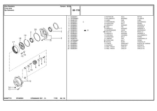 EF28Z003053667T1C
31
1
2
3
4
5
6
7
8
9
10
11
12
13
14
15
16
17
18
19
20
053850R1
3475599M1
053851R1
053852R1
053865R1
053866R1
053864R1
053860R1
053863R1
053861R1
053862R1
053859R1
053858R1
053857R1
3475604M1
041082R1
053856R1
053855R1
053854R1
053853R1
2
4
2
5
6
6
60
6
6
168
6
2
4
2
16
16
2
2
2
2
3
SEAL RETEN
BEARING COJINETE
HUB CUBO
STUD ESPARRAGO
BOLT PERNO
WASHER ARANDELA
PIN PASADOR
WASHER ARANDELA
GEAR ENGRANAJE
ROLLER RODILLO
WASHER ARANDELA
HOUSING ALOJAMIENTO
BOLT PERNO
PAD ALMOHADILLA
BOLT PERNO
BUSH CASQUILLO
SPROCKET RUEDA DE CADENA
BRACKET SOPORTE
CIRCLIP CIRCULITO
CIRCLIP CIRCULITO
RETENTOR
ROLAMENTO
CUBO
PRISIONEIRO
PARAFUSO
ARRUELA
PINO
ARRUELA
ENGRENAGEM
ROLETE
ARRUELA
CARCAÇA
PARAFUSO
TAMPÃO
PARAFUSO
BUCHA
COROA
SUPORTE
ANEL TRAVA
ANEL TRAVA
CPE650ADV E01 11/02(1)
60 110
Carraro - 20.25Eixo Dianteiro
Front Axle
Eje Delantero
60 110-
Menu Símbolos
 