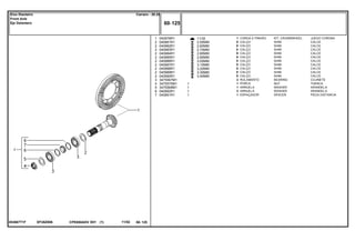EF28Z006053667T1F
11/32
2,50MM
2,60MM
2,70MM
2,80MM
2,90MM
3,00MM
3,10MM
3,20MM
3,30MM
3,40MM
1
2
2
2
2
2
2
2
2
2
2
3
4
5
6
7
040978R1
040981R1
040982R1
040983R1
040984R1
040985R1
040986R1
040987R1
040988R1
040989R1
040990R1
3475567M1
3475570M1
3475569M1
040992R1
040991R1
1
X
X
X
X
X
X
X
X
X
X
2
1
1
2
1
1
1
1
1
KIT, CROWNWHEEL JUEGO CORONA
SHIM CALCE
SHIM CALCE
SHIM CALCE
SHIM CALCE
SHIM CALCE
SHIM CALCE
SHIM CALCE
SHIM CALCE
SHIM CALCE
SHIM CALCE
BEARING COJINETE
NUT TUERCA
WASHER ARANDELA
WASHER ARANDELA
SPACER PIEZA DISTANCIA
COROA E PINHÃO
CALÇO
CALÇO
CALÇO
CALÇO
CALÇO
CALÇO
CALÇO
CALÇO
CALÇO
CALÇO
ROLAMENTO
PORCA
ARRUELA
ARRUELA
ESPAÇADOR
CPE650ADV E01 11/02(1)
60 125
Carraro - 20.25Eixo Dianteiro
Front Axle
Eje Delantero
60 125-
Menu Símbolos
 