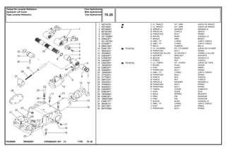 EB45Z001T0226009
70-40 No
70-45 No
1
1
2
3
4
5
6
7
8
9
10
11
12
13
14
15
16
17
18
19
20
21
22
23
24
25
25
26
27
28
29
30
31
32
33
34
020181N1
020182N1
897580M1
897581M3
353560X1
3611558M1
038423P1
3611557M1
033928T1
886410M1
034617N1
365432X1
355286X1
038394P1
516591M1
038392P1
039232N1
195387M1
038632P1
354648X1
195562M1
377622X1
377765X1
368123X1
353433X1
376460X1
363052X1
039395P1
038634P1
180928M1
038633P1
1869074M1
038817P1
364281X1
020178P1
887076M2
1
1
2
2
2
2
1
2
2
1
1
2
2
1
2
1
1
1
1
1
1
2
2
2
6
6
6
1
1
1
1
1
1
1
1
1
KIT, ARM JUEGO DE BRAZO
KIT, ARM JUEGO DE BRAZO
WASHER ARANDELA
STAPLE GRAPA
BOLT PERNO
BUSH CASQUILLO
ARM BRAZO
O RING JUNTA TORICA
O RING JUNTA TORICA
CONROD BIELA
KIT, CYLINDER JUEGO DE CILINDR
BOLT PERNO
ALLEN BOLT TORNILLO ALLEN
BRACKET SOPORTE
BUSH CASQUILLO
NUT TUERCA
KIT, COVER JUEGO DE TAPA
PLUG TAPON
SHAFT ARBOL
BOLT PERNO
O RING JUNTA TORICA
BOLT PERNO
NUT TUERCA
NUT TUERCA
WASHER ARANDELA
BOLT PERNO
BOLT PERNO
COVER CUBIERTA
GUIDE GUIA
SPRING RESORTE
PIN PASADOR
PIN PASADOR
BUSH CASQUILLO
O RING JUNTA TORICA
SHAFT ARBOL
BOLT PERNO
CJ. BRAÇO
CJ. BRAÇO
ARRUELA
PRESILHA
PARAFUSO
BUCHA
BRAÇO
ANEL "O"
ANEL "O"
BIELA
CJ. CILINDRO
PARAFUSO
PARAFUSO ALLEN
SUPORTE
BUCHA
PORCA
CJ. TAMPA
BUJÃO
EIXO
PARAFUSO
ANEL "O"
PARAFUSO
PORCA
PORCA
ARRUELA
PARAFUSO
PARAFUSO
TAMPA
GUIA
MOLA
PINO
PINO
BUCHA
ANEL "O"
EIXO
PARAFUSO
CPE650ADV E01 11/02(1)
70 20
Com Hydrotronic
With Hydrotronic
Con Hydrotronic
Tampa Do Levante Hidráulico
Hydraulic Lift Cover
Tapa Levante Hidraulico
70 20-
Menu Símbolos
 