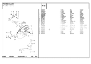 EH57Z002T0286001
1
2
3
4
5
6
7
8
9
10
11
12
13
14
15
16
17
18
19
20
21
21
22
23
24
25
037452P1
358655X1
1669096M2
020146P1
1749229M91
1669087M1
1669091M1
353666X1
353441X1
020149P1
020150P1
020151T1
020152T1
354651X1
353439X1
020158P1
1442965X1
039123T1
037549P1
354068X1
039072S1
039073S1
023370P1
355530X1
339249X1
033112S1
2
2
X
2
1
1
2
2
2
1
1
1
1
3
3
1
2
2
2
2
1
1
1
2
2
1
PIN PASADOR
NUT TUERCA
SHIM CALCE
ARM BRAZO
CYLINDER CILINDRO
PIN PASADOR
COLLAR COLLAR
BOLT PERNO
WASHER ARANDELA
LOCK RETENEDOR
PIN PASADOR
HOSE FLEXIBLE
CONNECTION CONEXION
SCREW TORNILLO
WASHER ARANDELA
PIN PASADOR
COTTER PIN PASADOR DOUBLE
STABILISER ESTABILIZADOR
PIN PASADOR
COTTER PIN PASADOR DOUBLE
BRACKET SOPORTE
BRACKET SOPORTE
LINK ESLABON
PIN PASADOR
PIN PASADOR
BRACKET SOPORTE
PINO
PORCA
CALÇO
BRAÇO
CILINDRO
PINO
COLAR
PARAFUSO
ARRUELA
TRAVA
PINO
MANGUEIRA
CONEXÃO
PARAFUSO
ARRUELA
PINO
CUPILHA
ESTABILIZADOR
PINO
CUPILHA
SUPORTE
SUPORTE
ELO
PINO
PINO
SUPORTE
CPE650ADV E01 11/02(1)
70 35
Cilindro Hidráulico Auxiliar
Auxiliar Hydraulic Cylinder
Cilindro De Levante Auxiliar
70 35-
Menu Símbolos
 