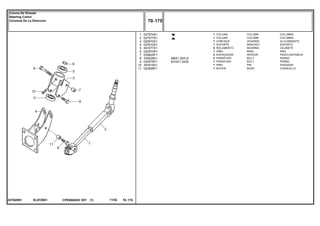 M8X1.25X12
M10X1.5X20
EL97Z001027645N1
1
2
3
4
5
6
7
8
9
10
11
027574S1
027577S1
020572S1
027610S1
391077X1
020570R1
035824P1
339228X1
020575P1
357618X1
020568P1
1
1
1
1
2
1
2
2
1
1
1
COLUMN COLUMNA
COLUMN COLUMNA
HOUSING ALOJAMIENTO
BRACKET SOPORTE
BEARING COJINETE
RING ARO
SPACER PIEZA DISTANCIA
BOLT PERNO
BOLT PERNO
PIN PASADOR
BUSH CASQUILLO
COLUNA
COLUNA
CARCAÇA
SUPORTE
ROLAMENTO
ANEL
ESPAÇADOR
PARAFUSO
PARAFUSO
PINO
BUCHA
CPE650ADV E01 11/02(1)
70 175
Coluna De Direção
Steering Colmn
Columna De La Direccion
70 175-
Menu Símbolos
 