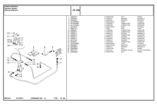 EJ17Z013T0227013
1
2
3
4
5
6
7
8
9
10
11
12
13
14
15
16
17
18
19
20
21
22
339287X1
353446X1
039234S1
3412785M91
3412002M91
3411941M91
022328T2
059611P1
039582T1
039290T1
039291T1
039582T1
039291T1
039290T1
391313X1
023644T1
3412785M91
059309P1
829185M1
3009288X1
059112T1
3009288X1
2
2
1
1
1
2
1
1
1
1
1
1
2
2
1
1
1
1
1
1
1
3
BOLT PERNO
WASHER ARANDELA
BRACKET SOPORTE
HOSE FLEXIBLE
CONNECTION CONEXION
CONNECTION CONEXION
HOSE FLEXIBLE
PIPE CANO
CONNECTION CONEXION
CONNECTION CONEXION
WASHER ARANDELA
CONNECTION CONEXION
WASHER ARANDELA
CONNECTION CONEXION
WASHER ARANDELA
CONNECTION CONEXION
HOSE FLEXIBLE
ADAPTOR ADAPTADOR
WASHER ARANDELA
BOLT PERNO
CONTROL VALVE VALVULA CONTROL
BOLT PERNO
PARAFUSO
ARRUELA
SUPORTE
MANGUEIRA
CONEXÃO
CONEXÃO
MANGUEIRA
TUBO
CONEXÃO
CONEXÃO
ARRUELA
CONEXÃO
ARRUELA
CONEXÃO
ARRUELA
CONEXÃO
MANGUEIRA
ADAPTADOR
ARRUELA
PARAFUSO
VÁLVULA
PARAFUSO
CPE650ADV E01 11/02(1)
70 195
Sistema Hidráulico
Hydraulic System
Sistema Hidráulico
70 195-
Menu Símbolos
 