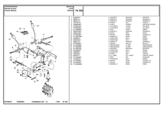 EG68Z001T04790615
1
2
3
4
5
6
7
8
11
12
13
14
15
16
17
19
20
21
22
23
24
25
27
28
31
32
33
34
052620P1
390971X1
385361X1
1441461X1
1684844M1
3778481M1
3778482M1
3712956M3
3387447M1
3386514M1
3713905M1
3715491M91
339560X1
3009332X1
390971X1
3778486M1
3712979M2
3712980M2
3712981M2
3010506X1
339096X1
339030X1
052501T1
3713042M1
1440922X1
3714645M1
3714646M1
3715492M91
1
2
4
6
2
1
1
2
2
4
2
1
1
4
3
1
1
1
1
7
2
3
2
2
1
2
1
1
BRACKET SOPORTE
WASHER ARANDELA
WASHER ARANDELA
NUT TUERCA
GASKET EMPAQUETADURA.
LEVER PALANCA
LEVER PALANCA
SHAFT ARBOL
WASHER ARANDELA
DISC DISCO
BUSH CASQUILLO
KNOB POMO
BOLT PERNO
BOLT PERNO
WASHER ARANDELA
GRILLE REJILLA
CLAMP ABRAZADERA
CLAMP ABRAZADERA
BRACKET SOPORTE
BOLT PERNO
BOLT PERNO
NUT TUERCA
KIT, CABLE CABLES JUEGO
PIN PASADOR
BOLT PERNO
BUSH CASQUILLO
BUSH CASQUILLO
KNOB POMO
SUPORTE
ARRUELA
ARRUELA
PORCA
JUNTA
ALAVANCA
ALAVANCA
EIXO
ARRUELA
DISCO
BUCHA
MANÍPULO
PARAFUSO
PARAFUSO
ARRUELA
GRADE
BRAÇADEIRA
BRAÇADEIRA
SUPORTE
PARAFUSO
PARAFUSO
PORCA
CJ. CABO
PINO
PARAFUSO
BUCHA
BUCHA
MANÍPULO
CPE650ADV E01 11/02(1)
70 355
Alavanca
Lever
Palanca
Controle Remoto
Remote Control
Control Remoto
70 355-
Menu Símbolos
 