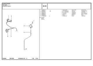EM73Z004T0289068
[A] ALERTA
ALERT
ALERTA
1
2
3
4
5
6
7
042602T1
042604T1
022197T1
052591P1
060647P1
054987T1
2710837M1
1
1
2
1
1
1
13
[A]
INDICATOR INDICADOR
SWITCH INTERRUPTOR
LANTERN LINTERNA
HARNESS MAZO CABLES
HARNESS MAZO CABLES
RELAY RELE
BULB LAMPARA
INDICADOR
INTERRUPTOR
CJ. LANTERNA
CHICOTE
CHICOTE
RELÉ
LÂMPADA
CPE650ADV E01 11/02(1)
80 85
Lanterna Traseira
Tail Lights
Linternas Traseras
80 85-
Menu Símbolos
 