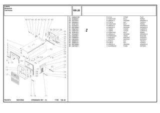 ED51Z044T0223072
47
48
49
50
51
52
53
54
55
56
57
58
59
60
63
64
65
66
3589241M1
353699X1
353754X1
355564X1
353679X1
353446X1
829185M1
036672S1
036673S1
353676X1
353446X1
036508S1
036680S1
036322S1
368897X1
368897X1
829185M1
036755P1
2
2
2
2
4
4
4
1
1
2
2
4
1
1
4
4
4
1
STRAP FAJA
BOLT PERNO
WASHER ARANDELA
NUT TUERCA
BOLT PERNO
WASHER ARANDELA
WASHER ARANDELA
COVER CUBIERTA
COVER CUBIERTA
BOLT PERNO
WASHER ARANDELA
HINGE BISAGRA
BRACKET SOPORTE
BRACKET SOPORTE
NUT TUERCA
NUT TUERCA
WASHER ARANDELA
FOAM ESPUMA
ALÇA
PARAFUSO
ARRUELA
PORCA
PARAFUSO
ARRUELA
ARRUELA
TAMPA
TAMPA
PARAFUSO
ARRUELA
DOBRADIÇA
SUPORTE
SUPORTE
PORCA
PORCA
ARRUELA
GUARNIÇÃO
CPE650ADV E01 11/02(1)
100 20
Lataria
Bodywork
Carroceria
100 20-
Menu Símbolos
 