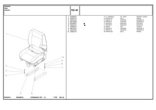 EA64Z016T0222014
1
2
3
4
5
6
7
8
9
10
053882N1
339761X1
339374X1
829185M1
052460P1
052461P1
339402X1
390734X1
339376X1
339401X1
1
4
4
4
1
1
4
4
4
4
KIT, SEAT ASIENTO JUEGO
BOLT PERNO
WASHER ARANDELA
WASHER ARANDELA
BRACKET SOPORTE
BRACKET SOPORTE
NUT TUERCA
WASHER ARANDELA
WASHER ARANDELA
BOLT PERNO
CJ. ASSENTO
PARAFUSO
ARRUELA
ARRUELA
SUPORTE
SUPORTE
PORCA
ARRUELA
ARRUELA
PARAFUSO
CPE650ADV E01 11/02(1)
105 40
Assento
Seat
Asiento
105 40-
Menu Símbolos
 