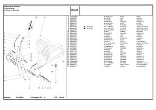EH15Z004063855N1
70-65 No
70-70 No
1
2
3
4
5
6
7
8
9
10
11
12
13
14
15
16
17
18
19
20
21
22
23
24
25
26
27
28
29
30
31
1693886M1
339402X1
063856P1
339376X1
339451X1
036203S1
063744N1
063748N1
036881P1
037594P1
490434M1
353430X1
353431X1
063779P1
3005686X1
036599P1
063717S1
036284P1
063718S1
353758X1
375098X1
375111X1
490434M1
339560X1
339375X1
390971X1
353441X1
1693890M1
063740N1
066578T1
063421P1
3
4
1
4
4
1
1
1
3
1
3
1
1
1
6
1
1
1
1
1
2
1
5
2
2
2
2
2
1
1
1
KNOB POMO
NUT TUERCA
ROD VARILLA
WASHER ARANDELA
BOLT PERNO
BRACKET SOPORTE
KIT, ROD JUEGO DE BIELAS
KIT, ROD JUEGO DE BIELAS
SPACER PIEZA DISTANCIA
SPRING RESORTE
WASHER ARANDELA
NUT TUERCA
NUT TUERCA
CONSOLE CONSOLA
BOLT PERNO
DECAL CALCOMANIA
KIT, LEVER JUEGO, PALANCA
ROD VARILLA
LEVER PALANCA
WASHER ARANDELA
NUT TUERCA
NUT TUERCA
WASHER ARANDELA
BOLT PERNO
WASHER ARANDELA
WASHER ARANDELA
WASHER ARANDELA
WASHER ARANDELA
KIT, ROD JUEGO DE BIELAS
DRIVE SHAFT EJE DE MANDO
DECAL CALCOMANIA
MANÍPULO
PORCA
TIRANTE
ARRUELA
PARAFUSO
SUPORTE
CJ. TIRANTE
CJ. TIRANTE
ESPAÇADOR
MOLA
ARRUELA
PORCA
PORCA
CONSOLE
PARAFUSO
DECAL
CJ. ALAVANCA
TIRANTE
ALAVANCA
ARRUELA
PORCA
PORCA
ARRUELA
PARAFUSO
ARRUELA
ARRUELA
ARRUELA
ARRUELA
CJ. TIRANTE
CARDAN
DECAL
CPE650ADV E01 11/02(1)
105 85
Alavanca De Controle
Control Levier
Palanca De Controle
105 85-
Menu Símbolos
 
