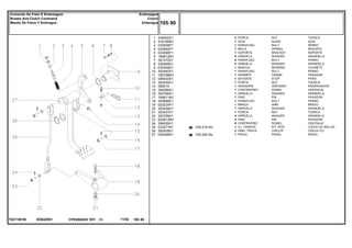 ED62Z001T0211001B
105-215 No
105-220 No
1
2
3
4
5
6
7
8
9
10
11
12
13
14
15
16
17
18
19
20
21
22
23
24
25
26
27
339402X1
418195M1
033939P1
033940P1
033285P1
180812M1
391375X1
339369X1
033349S1
353540X1
195708M1
036433S1
353430X1
29951X
354059X1
353756X1
195611M1
353888X1
020224P1
353439X1
353437X1
353756X1
832813M1
354059X1
033271N1
352438X1
034406N1
2
1
1
1
1
5
4
4
1
1
1
1
1
1
1
1
1
1
1
1
1
4
4
4
1
2
1
NUT TUERCA
GUIDE GUIA
BOLT PERNO
SPRING RESORTE
BRACKET SOPORTE
WASHER ARANDELA
BOLT PERNO
WASHER ARANDELA
BEARING COJINETE
BOLT PERNO
CRAMP PASADOR
STOP PARO
NUT TUERCA
GREASER ENGRASADOR
DOWEL CENTRAJE
WASHER ARANDELA
PIN PASADOR
BOLT PERNO
ARM BRAZO
WASHER ARANDELA
NUT TUERCA
WASHER ARANDELA
PIN PASADOR
DOWEL CENTRAJE
KIT, ROD JUEGO DE BIELAS
CIRCLIP CIRCULITO
PEDAL PEDAL
PORCA
GUIA
PARAFUSO
MOLA
SUPORTE
ARRUELA
PARAFUSO
ARRUELA
MANCAL
PARAFUSO
GRAMPO
BATENTE
PORCA
GRAXEIRA
CONTRAPINO
ARRUELA
PINO
PARAFUSO
BRAÇO
ARRUELA
PORCA
ARRUELA
PINO
CONTRAPINO
CJ. TIRANTE
ANEL TRAVA
PEDAL
CPE650ADV E01 11/02(1)
105 90
Embreagem
Clutch
Embrague
Comando De Freio E Embreagem
Breake And Clutch Command
Mando De Freno Y Embrague
105 90-
Menu Símbolos
 