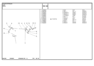 EH36Z001036816N1
105-245 No
1
2
3
4
5
6
7
8
9
10
11
12
13
14
027885S1
832813M1
353756X1
354059X1
353758X1
354059X1
033298S1
391017X1
027891S1
037542N1
033294S1
375098X1
353758X1
353439X1
1
2
2
2
1
1
1
1
1
1
1
2
2
2
PEDAL PEDAL
PIN PASADOR
WASHER ARANDELA
DOWEL CENTRAJE
WASHER ARANDELA
DOWEL CENTRAJE
LEVER PALANCA
PIN PASADOR
LEVER PALANCA
ROD VARILLA
BRACKET SOPORTE
NUT TUERCA
WASHER ARANDELA
WASHER ARANDELA
PEDAL
PINO
ARRUELA
CONTRAPINO
ARRUELA
CONTRAPINO
ALAVANCA
PINO
ALAVANCA
TIRANTE
SUPORTE
PORCA
ARRUELA
ARRUELA
CPE650ADV E01 11/02(1)
105 120
Comando De Bloqueio
Lever
Mando
105 120-
Menu Símbolos
 