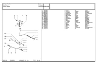 EG95Z002T0239010B
1
2
3
4
5
6
7
8
9
10
11
12
13
14
15
16
17
18
19
339169X1
339374X1
036789T1
036613P1
339291X1
022345T1
036655T1
353756X1
354059X1
832813M1
339285X1
036562P1
354068X1
023371P1
036774S1
339596X1
036559S1
354068X1
339071X1
2
2
1
2
2
1
1
3
3
3
1
1
1
1
1
1
1
1
1
NUT TUERCA
WASHER ARANDELA
LEVER PALANCA
SPACER PIEZA DISTANCIA
BOLT PERNO
CIRCLIP CIRCULITO
CABLE CABLE
WASHER ARANDELA
DOWEL CENTRAJE
PIN PASADOR
WASHER ARANDELA
LEVER PALANCA
COTTER PIN PASADOR DOUBLE
PIN PASADOR
ROD VARILLA
WASHER ARANDELA
SHAFT ARBOL
COTTER PIN PASADOR DOUBLE
PIN PASADOR
PORCA
ARRUELA
ALAVANCA
ESPAÇADOR
PARAFUSO
ANEL TRAVA
CABO
ARRUELA
CONTRAPINO
PINO
ARRUELA
ALAVANCA
CUPILHA
PINO
TIRANTE
ARRUELA
EIXO
CUPILHA
PINO
CPE650ADV E01 11/02(1)
105 135
Sem Levante
Without Lift
Sin Levante
Controle Traseiro
Rear Control
Control Trasero
105 135-
Menu Símbolos
 