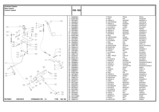 EG81Z018T04750001
1
2
3
4
5
6
7
8
9
10
11
12
13
14
15
16
17
18
19
20
21
22
23
24
25
26
27
28
29
30
31
32
33
34
35
36
37
38
39
40
41
42
43
44
45
46
47
48
49
50
052829N1
832813M1
353756X1
354059X1
353758X1
354059X1
033298S1
366909X1
353758X1
353439X1
033294S1
832813M1
354059X1
353756X1
027934S1
339055X1
052809S1
036613P1
339291X1
339374X1
339169X1
036789T1
339071X1
022345T1
023371P1
036562P1
339285X1
354068X1
339596X1
354068X1
036559S1
036564S1
036654T1
832813M1
353756X1
354059X1
339451X1
339376X1
052481T1
053135S1
052755S1
052807S1
052762S1
052759S1
354511X1
353430X1
353756X1
3410152M1
353430X1
339401X1
1
2
2
2
1
1
1
2
2
2
1
3
3
3
1
1
1
2
2
2
2
1
1
1
1
1
1
1
1
1
1
1
1
3
3
3
4
4
1
1
1
1
1
1
1
2
1
1
1
2
PEDAL PEDAL
PIN PASADOR
WASHER ARANDELA
DOWEL CENTRAJE
WASHER ARANDELA
DOWEL CENTRAJE
LEVER PALANCA
BOLT PERNO
WASHER ARANDELA
WASHER ARANDELA
BRACKET SOPORTE
PIN PASADOR
DOWEL CENTRAJE
WASHER ARANDELA
LEVER PALANCA
PIN PASADOR
ROD VARILLA
SPACER PIEZA DISTANCIA
BOLT PERNO
WASHER ARANDELA
NUT TUERCA
LEVER PALANCA
PIN PASADOR
CIRCLIP CIRCULITO
PIN PASADOR
LEVER PALANCA
WASHER ARANDELA
COTTER PIN PASADOR DOUBLE
WASHER ARANDELA
COTTER PIN PASADOR DOUBLE
SHAFT ARBOL
ROD VARILLA
CABLE CABLE
PIN PASADOR
WASHER ARANDELA
DOWEL CENTRAJE
BOLT PERNO
WASHER ARANDELA
CABLE CABLE
BRACKET SOPORTE
BRACKET SOPORTE
DRIVE TRASMISION
BRACKET SOPORTE
LEVER PALANCA
BOLT PERNO
NUT TUERCA
WASHER ARANDELA
KNOB POMO
NUT TUERCA
BOLT PERNO
PEDAL
PINO
ARRUELA
CONTRAPINO
ARRUELA
CONTRAPINO
ALAVANCA
PARAFUSO
ARRUELA
ARRUELA
SUPORTE
PINO
CONTRAPINO
ARRUELA
ALAVANCA
PINO
TIRANTE
ESPAÇADOR
PARAFUSO
ARRUELA
PORCA
ALAVANCA
PINO
ANEL TRAVA
PINO
ALAVANCA
ARRUELA
CUPILHA
ARRUELA
CUPILHA
EIXO
TIRANTE
CABO
PINO
ARRUELA
CONTRAPINO
PARAFUSO
ARRUELA
CABO
SUPORTE
SUPORTE
ACIONADOR
SUPORTE
ALAVANCA
PARAFUSO
PORCA
ARRUELA
MANÍPULO
PORCA
PARAFUSOCPE650ADV E01 11/02(1)
105 165
Controle Traseiro
Rear Control
Control Trasero
105 165-
Menu Símbolos
 