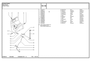 EG81Z003T0239012C
[A] COM LEVANTE HIDRÁULICO
WITH HYDRAULIC LIFT
CON LEVANTE HIDRAULICO
1
2
3
4
5
6
7
8
9
10
11
12
13
14
15
040214T1
039921T1
039779P2
036617S1
035972P1
036615S1
391290X1
353756X1
036832S1
339055X1
027934S1
832813M1
354059X1
391074X1
353754X1
6
6
1
1
1
1
1
2
1
1
1
2
2
3
3
[A]
BOLT PERNO
WASHER ARANDELA
CONSOLE CONSOLA
LEVER PALANCA
KNOB POMO
LEVER PALANCA
PIN PASADOR
WASHER ARANDELA
ROD VARILLA
PIN PASADOR
LEVER PALANCA
PIN PASADOR
DOWEL CENTRAJE
BOLT PERNO
WASHER ARANDELA
PARAFUSO
ARRUELA
CONSOLE
ALAVANCA
MANÍPULO
ALAVANCA
PINO
ARRUELA
TIRANTE
PINO
ALAVANCA
PINO
CONTRAPINO
PARAFUSO
ARRUELA
CPE650ADV E01 11/02(1)
105 180
Controle Traseiro
Rear Control
Control Trasero
105 180-
Menu Símbolos
 