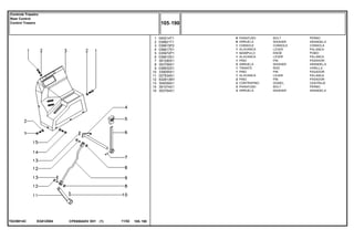 EG81Z004T0239014C
1
2
3
4
5
6
7
8
9
10
11
12
13
14
15
040214T1
039921T1
039915P2
036617S1
035972P1
036615S1
391290X1
353756X1
036832S1
339055X1
027934S1
832813M1
354059X1
391074X1
353754X1
6
6
1
1
1
1
1
2
1
1
1
2
2
3
3
BOLT PERNO
WASHER ARANDELA
CONSOLE CONSOLA
LEVER PALANCA
KNOB POMO
LEVER PALANCA
PIN PASADOR
WASHER ARANDELA
ROD VARILLA
PIN PASADOR
LEVER PALANCA
PIN PASADOR
DOWEL CENTRAJE
BOLT PERNO
WASHER ARANDELA
PARAFUSO
ARRUELA
CONSOLE
ALAVANCA
MANÍPULO
ALAVANCA
PINO
ARRUELA
TIRANTE
PINO
ALAVANCA
PINO
CONTRAPINO
PARAFUSO
ARRUELA
CPE650ADV E01 11/02(1)
105 190
Controle Traseiro
Rear Control
Control Trasero
105 190-
Menu Símbolos
 
