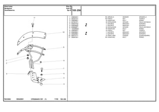 EE02Z001T0233002
1
2
3
4
5
5
6
7
8
9
9
10
11
339534X1
353431X1
339208X1
037201P1
036247S2
036248S2
036269P1
1442899X1
339054X1
036258S1
036259S1
054721T1
353810X1
12
12
4
6
1
1
6
6
4
1
1
2
12
WASHER ARANDELA
NUT TUERCA
BOLT PERNO
SPACER PIEZA DISTANCIA
BRACKET SOPORTE
BRACKET SOPORTE
SPACER PIEZA DISTANCIA
BOLT PERNO
NUT TUERCA
BRACKET SOPORTE
BRACKET SOPORTE
FENDER GUARDABARRO
BOLT PERNO
ARRUELA
PORCA
PARAFUSO
ESPAÇADOR
SUPORTE
SUPORTE
ESPAÇADOR
PARAFUSO
PORCA
SUPORTE
SUPORTE
PÁRA-LAMA
PARAFUSO
CPE650ADV E01 11/02(1)
105 250
Eixo Zf
Axle Zf
Eje Zf
Para-Lama
Mudguard
Guardabarros
105 250-
Menu Símbolos
 