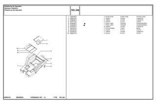 EB26Z028049501N1
1
2
3
4
5
5
6
7
8
9
10
036576S1
036574P1
035846P1
027017S1
035835P1
035836P1
027937P1
039787S1
027253S1
027061S1
036077P1
1
1
1
1
1
1
2
1
1
1
1
STRUCTURE ESTRUCTURA
COVER CUBIERTA
COVER CUBIERTA
PLATE CHAPA
FENDER GUARDABARRO
FENDER GUARDABARRO
COVER CUBIERTA
TABLE MESA
PLATE CHAPA
COVER CUBIERTA
PLATE PLATO
ESTRUTURA
TAMPA
TAMPA
CHAPA
PÁRA-LAMA
PÁRA-LAMA
TAMPA
PLATAFORMA
CHAPA
TAMPA
PLACA
CPE650ADV E01 11/02(1)
105 340
Plataforma Do Operador
Operator Plataform
Plataforma Del Operador
105 340-
Menu Símbolos
 