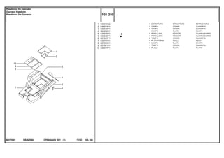 EB26Z066064170N1
1
2
3
4
5
5
6
7
8
9
10
036576S2
036574P1
035846P1
063202S1
035835P1
035836P1
027937P1
039787S1
027253S1
027061S1
036077P1
1
1
1
1
1
2
1
1
1
1
STRUCTURE ESTRUCTURA
COVER CUBIERTA
COVER CUBIERTA
PLATE CHAPA
FENDER GUARDABARRO
FENDER GUARDABARRO
COVER CUBIERTA
TABLE MESA
PLATE CHAPA
COVER CUBIERTA
PLATE PLATO
ESTRUTURA
TAMPA
TAMPA
CHAPA
PÁRA-LAMA
PÁRA-LAMA
TAMPA
PLATAFORMA
CHAPA
TAMPA
PLACA
CPE650ADV E01 11/02(1)
105 350
Plataforma Do Operador
Operator Plataform
Plataforma Del Operador
105 350-
Menu Símbolos
 