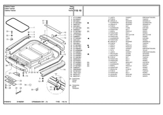 E156Z00101603012
[A]
[B]
DIANTEIRA
FRONT
PROA
TRASEIRA
REAR
TRASERA
1
2
3
4
5
6
7
8
10
11
12
13
14
15
16
17
18
18
19
20
21
22
23
24
25
26
27
28
29
30
31
32
33
34
35
3713159M1
3010594X1
391038X1
3712833M2
390972X1
339169X1
3712831M2
339262X1
3715679M1
1440022X1
3715422M1
339666X1
3712832M1
339123X1
3010597X1
339169X1
3715676M1
3715677M1
3714884M1
3714088M94
3714885M1
3714459M3
3714460M1
3713803M1
3009535X1
3010559X1
3714426M1
3713269M1
3715678M1
339804X1
3582094M1
3010819X1
1442172X1
062351P1
062273P1
1
8
22
1
4
4
1
2
1
4
1
8
1
8
16
8
1
1
1
1
1
1
1
12
8
4
1
1
1
2
7
2
2
2
2
[B]
[B]
[A]
[A]
[A]
GASKET EMPAQUETADURA.
NUT TUERCA
WASHER ARANDELA
BEADING GUARNICION
WASHER ARANDELA
NUT TUERCA
FOAM ESPUMA
BOLT PERNO
PROFILE PERFIL
BOLT PERNO
DEFLECTOR DEFLECTOR
BOLT PERNO
FOAM ESPUMA
BOLT PERNO
WASHER ARANDELA
NUT TUERCA
PROFILE PERFIL
PROFILE PERFIL
GASKET EMPAQUETADURA.
ROOF TECHO
GASKET EMPAQUETADURA.
GUARD DEFENSA
GUARD DEFENSA
NUT TUERCA
BOLT PERNO
BOLT PERNO
BRACKET SOPORTE
FOAM ESPUMA
PROFILE PERFIL
BOLT PERNO
STAPLE GRAPA
NUT TUERCA
BOLT PERNO
SEALING VEDACION
STAPLE GRAPA
JUNTA
PORCA
ARRUELA
GUARNIÇÃO
ARRUELA
PORCA
GUARNIÇÃO
PARAFUSO
PERFIL
PARAFUSO
DEFLETOR
PARAFUSO
GUARNIÇÃO
PARAFUSO
ARRUELA
PORCA
PERFIL
PERFIL
JUNTA
TETO
JUNTA
PROTEÇÃO
PROTEÇÃO
PORCA
PARAFUSO
PARAFUSO
SUPORTE
GUARNIÇÃO
PERFIL
PARAFUSO
PRESILHA
PORCA
PARAFUSO
VEDAÇÃO
PRESILHA
CPE650ADV E01 11/02(1)
110 10
Teto
Roof
Techo
Cabine Trator
Cabin Tractor
Cabine Tractor
110 10-
Menu Símbolos
 