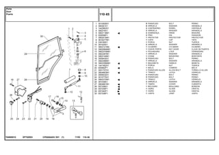 EP70Z003T04600010
1
2
3
4
5
6
7
8
9
10
11
12
13
14
15
16
17
18
19
20
21
22
23
24
25
26
27
28
29
29
30
3010509X1
385361X1
1442963X1
390216X1
3902116M1
055558P1
3902415M1
3616277M1
339169X1
391025X1
3902121M2
3902584M91
3902370M91
3902367M1
3902145M1
3009430X1
3902366M1
3902356M91
1441462X1
055962P1
3001757X1
3804663M1
3009432X1
3010775X1
3902372M1
391038X1
3804661M1
057336S1
057339P1
057340P1
057338P1
8
8
2
2
2
2
1
1
1
2
1
1
1
1
1
2
1
1
1
1
1
1
2
2
1
2
1
1
1
1
1
BOLT PERNO
WASHER ARANDELA
DOWEL CENTRAJE
WASHER ARANDELA
HINGE BISAGRA
PIN PASADOR
PROTECTOR PROTECTOR
CAP TAPA
NUT TUERCA
WASHER ARANDELA
CYLINDER CILINDRO
KEY DOOR CLAVE DE PUERTA
LOCK CERRADURA
WASHER ARANDELA
MOUNTING MONTANTE
BOLT PERNO
WASHER ARANDELA
HANDLE MANETA
NUT TUERCA
CONROD BIELA
ALLEN BOLT TORNILLO ALLEN
LATCH CERROJO
BOLT PERNO
BOLT PERNO
LATCH CERROJO
WASHER ARANDELA
COVER CUBIERTA
MOULDING BORDON
GLASS CRISTAL
GLASS CRISTAL
JOINT JUNTA
PARAFUSO
ARRUELA
CONTRAPINO
ARRUELA
DOBRADIÇA
PINO
PROTETOR
CAPA
PORCA
ARRUELA
CILINDRO
CHAVE PORTA
FECHADURA
ARRUELA
COXIM
PARAFUSO
ARRUELA
MAÇANETA
PORCA
BIELA
PARAFUSO ALLEN
TRINCO
PARAFUSO
PARAFUSO
TRINCO
ARRUELA
TAMPA
MOLDURA
VIDRO
VIDRO
JUNTA
CPE650ADV E01 11/02(1)
110 65
Porta
Door
Puerta
110 65-
Menu Símbolos
 