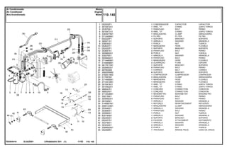 EL62Z001T04264419
1
2
3
4
5
6
7
8
9
10
11
12
13
14
15
16
17
18
19
20
21
22
23
24
25
26
27
28
29
30
31
32
33
34
35
36
37
38
39
40
41
42
43
44
45
052502P1
3010472X1
353676X1
3010471X1
3383977M1
3712495M1
052423P1
390971X1
339030X1
052623T1
052422P1
353691X1
3009693X1
339376X1
3009492X1
3714484M1
3149668M1
3617611M1
3009493X1
487802M2
3582055M2
3782613M2
517587M1
3714485M1
3712512M1
3010474X1
3010502X1
368543X1
368524X1
3712526M1
358139X1
3009493X1
391026X1
3146897M1
3585143M1
353446X1
353685X1
355565X1
829185M1
052454S1
052457S1
353756X1
353434X1
3589682M1
052468N1
1
1
1
3
1
1
1
1
1
1
1
2
9
1
3
1
2
1
5
1
6
1
3
1
1
1
1
1
1
1
1
5
1
1
1
1
1
1
1
2
2
1
2
2
1
CAPACITOR CAPACITOR
O RING JUNTA TORICA
BOLT PERNO
O RING JUNTA TORICA
CLAMP ABRAZADERA
FILTER FILTRO
BRACKET SOPORTE
WASHER ARANDELA
NUT TUERCA
HOSE FLEXIBLE
BRACKET SOPORTE
BOLT PERNO
NUT TUERCA
WASHER ARANDELA
BOLT PERNO
HOSE FLEXIBLE
FOAM ESPUMA
BRACKET SOPORTE
BOLT PERNO
BELT CORREA
BRACKET SOPORTE
COMPRESSOR COMPRESOR
CLAMP ABRAZADERA
HOSE FLEXIBLE
HOSE FLEXIBLE
O RING JUNTA TORICA
O RING JUNTA TORICA
CONNECTION CONEXION
CONNECTION CONEXION
MANOMETER MANOMETRO
BOLT PERNO
BOLT PERNO
WASHER ARANDELA
REINFORCEMENT REFUERZO
CLAMP ABRAZADERA
WASHER ARANDELA
BOLT PERNO
NUT TUERCA
WASHER ARANDELA
BRACKET SOPORTE
ATTACHMENT ADITAMENTO
WASHER ARANDELA
WASHER ARANDELA
NUT TUERCA
BRIDGE PIECE CODO DE CRUCE
CONDENSADOR
ANEL "O"
PARAFUSO
ANEL "O"
BRAÇADEIRA
FILTRO
SUPORTE
ARRUELA
PORCA
MANGUEIRA
SUPORTE
PARAFUSO
PORCA
ARRUELA
PARAFUSO
MANGUEIRA
GUARNIÇÃO
SUPORTE
PARAFUSO
CORREIA
SUPORTE
COMPRESSOR
BRAÇADEIRA
MANGUEIRA
MANGUEIRA
ANEL "O"
ANEL "O"
CONEXÃO
CONEXÃO
MANÔMETRO
PARAFUSO
PARAFUSO
ARRUELA
REFORÇO
BRAÇADEIRA
ARRUELA
PARAFUSO
PORCA
ARRUELA
SUPORTE
FIXADOR
ARRUELA
ARRUELA
PORCA
TRAVESSA
CPE650ADV E01 11/02(1)
110 140
Motor
Engine
Motor
Ar Condicionado
Air Conditioner
Aire Acondionado
110 140-
Menu Símbolos
 