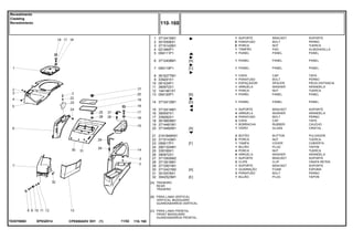 EP83Z014T0357006D
[A]
[B]
[C]
TRASEIRO
REAR
TRASERO
PÁRA-LAMA VERTICAL
VERTICAL MUDGUARD
GUARDABARROS VERTICAL
PÁRA-LAMA FRONTAL
FRONT MUDGUARD
GUARDABARROS FRONTAL
1
2
3
4
5
6
7
8
9
10
11
12
13
14
15
16
17
18
19
20
21
22
23
24
25
26
27
28
29
30
31
32
3712410M1
3010506X1
3715142M1
021460P1
059111P1
3712408M1
059119P1
3616277M1
339291X1
061024P1
390972X1
1441461X1
059120P1
3712412M1
3712414M1
390597X1
339282X1
3619609M1
3714481M1
3714482M1
2191949K91
3715143M1
059017P1
2801324M1
339169X1
390972X1
3713500M2
3713616M1
3713501M1
3712421M2
3010578X1
3042523M1
1
X
X
1
1
1
1
1
1
1
1
1
1
1
1
4
4
4
1
1
4
X
1
1
4
5
1
2
1
1
3
1
[A]
[C]
[B]
[D]
[A]
[F]
[A]
[E]
BRACKET SOPORTE
BOLT PERNO
NUT TUERCA
PAD ALMOHADILLA
PANEL PANEL
PANEL PANEL
PANEL PANEL
CAP TAPA
BOLT PERNO
SPACER PIEZA DISTANCIA
WASHER ARANDELA
NUT TUERCA
PANEL PANEL
PANEL PANEL
BRACKET SOPORTE
WASHER ARANDELA
BOLT PERNO
CAP TAPA
RUBBER CAUCHO
GLASS CRISTAL
BUTTON PULSADOR
NUT TUERCA
COVER CUBIERTA
PLUG TAPON
NUT TUERCA
WASHER ARANDELA
BRACKET SOPORTE
CLIP CRAPA RETEN
BRACKET SOPORTE
FOAM ESPUMA
BOLT PERNO
PLUG TAPON
SUPORTE
PARAFUSO
PORCA
TAMPÃO
PAINEL
PAINEL
PAINEL
CAPA
PARAFUSO
ESPAÇADOR
ARRUELA
PORCA
PAINEL
PAINEL
SUPORTE
ARRUELA
PARAFUSO
CAPA
BORRACHA
VIDRO
BOTÃO
PORCA
TAMPA
BUJÃO
PORCA
ARRUELA
SUPORTE
CLIPE
SUPORTE
GUARNIÇÃO
PARAFUSO
BUJÃO
CPE650ADV E01 11/02(1)
110 160
Revestimento
Cladding
Revestimiento
110 160-
Menu Símbolos
 
