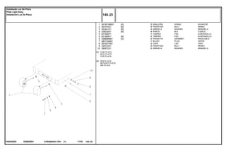 EQ90Z001T04852002
[A]
[B]
COM PLACA
WITH PLATE
CON PLACA
SEM PLACA
WITHOUT PLATE
SIN PLACA
1
2
3
4
5
5
5
7
8
9
10
3619018M91
391074X1
353441X1
339030X1
021460P1
021460P1
3388889M1
2801324M1
3616277M1
339123X1
390972X1
2
4
4
4
1
2
2
1
2
2
2
[A]
[B]
[B]
[B]
[B]
[A]
SIGNAL AVISADOR
BOLT PERNO
WASHER ARANDELA
NUT TUERCA
PAD ALMOHADILLA
PAD ALMOHADILLA
GROMMET PASACABLE
PLUG TAPON
CAP TAPA
BOLT PERNO
WASHER ARANDELA
SINALEIRA
PARAFUSO
ARRUELA
PORCA
TAMPÃO
TAMPÃO
PASSA-FIO
BUJÃO
CAPA
PARAFUSO
ARRUELA
CPE650ADV E01 11/02(1)
140 25
Instalação Luz De Placa
Plate Light Assy
Instalación Luz De Placa
140 25-
Menu Símbolos
 