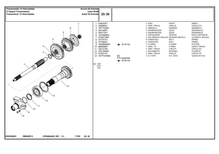 PTO 540RPM
EM54Z013039238N3C
[B] TDP
PTO
TDF
25-35 No
25-85 No
1
2
3
4
5
6
7
8
8
9
10
11
12
13
14
039423P1
358969X1
1677742M1
049169P1
049172P1
1674668M3
2700273M1
377477X1
377480X1
1860890M91
886089M1
762101M1
3761292M1
377631X1
1677747M92
1
1
1
1
1
1
1
3
1
1
1
1
1
1
1[B]
SHAFT ARBOL
CIRCLIP CIRCULITO
WASHER ARANDELA
GEAR ENGRANAJE
GEAR ENGRANAJE
SPACER PIEZA DISTANCIA
BEARING NEEDLE COJINETA AGUJAS
BOLT PERNO
BOLT PERNO
FLANGE PLETINA
O RING JUNTA TORICA
CIRCLIP CIRCULITO
BEARING COJINETE
CIRCLIP CIRCULITO
KIT, AXLE JUEGO DE EJE
EIXO
ANEL TRAVA
ARRUELA
ENGRENAGEM
ENGRENAGEM
ESPAÇADOR
ROLAMENTO AGULHA
PARAFUSO
PARAFUSO
FLANGE
ANEL "O"
ANEL TRAVA
ROLAMENTO
ANEL TRAVA
CJ. EIXO
CPE650ADV E01 11/02(1)
25 30
Árvore De Entrada
Input Shaft
Arbol De Entrada
Transmissão 12 Velocidades
12 Speed Transmission
Transmision 12 Velocidades
25 30-
Menu Símbolos
 