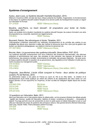 Systèmes d’enseignement

Auduc, Jean-Louis, Le Système éducatif, Hachette Education, 2010.
Effectué à l'automne 2009, cet état des lieux critique présente les finalités, l'organisation, le fonctionnement
et les enjeux du système éducatif scolaire français et du service public de l'enseignement et pose un regard
sur l éducation en Europe.
371.2 AUD                                RDEF Villeneuve d’Ascq

Boudine, Jean-Pierre, Le krach éducatif : 32 propositions pour tenter de l’éviter,
L’Harmattan, 2011.
Après une analyse de la situation inquiétante du système éducatif français, les auteurs formulent une série
de propositions qui, ensemble, dessinent son Aggiornamento.
379 BOU                                  RDEF Outreau

Boumard, Patrick, Des ethnologues à l’école, Téraèdre, 2011.
L'ethnographie s'intéresse notamment aux méthodes d'enseignement et de contrôle des maîtres et aux
stratégies des élèves pour répondre à celles des maîtres et poursuivre leurs fins, ainsi qu'à la gestion des
écoles, aux décisions pédagogiques, aux relations internes du personnel, etc.
371.007 BOU                              RDEF Villeneuve d’Ascq

Bouvier, Alain, La gouvernance des systèmes éducatifs, 2ème édition, PUF, 2012.
Les systèmes éducatifs contemporains sont sous l’influence des évolutions internationales, des réformes
politiques et administratives des pays, des enquêtes et des palmarès, des logiques de résultats et de
performances, des pressions sociales, économiques et culturelles, des groupes organisés... Se pose aussi,
à chaque système éducatif, la question de sa gouvernance, des régulations et de l’utilisation d’outils plus ou
moins nouveaux du management public.
379.44 BOU                               RDEF Outreau
379.4 BOU                                RDEF Valenciennes
379.4 BOU                                RDEF Villeneuve d’Ascq (1ère édition, 2007)

Chapoulie, Jean-Michel, L’école d’Etat conquiert la France : deux siècles de politique
scolaire, PU de Rennes, 2010.
Un phénomène majeur a pris place en France au cours du 19e et du XXe siècle : la création et le
développement d'une école publique qui retient les enfants et les adolescents des deux sexes sur une
longue période (19 ans aujourd'hui en moyenne), et bien au-delà de l'obligation légale depuis les années
1960.
370.944 CHA                              BU Arras
370.9 CHA                                RDEF Arras
370.9 CHA                                RDEF Douai
379.44 CHA                               RDEF Villeneuve d’Ascq

10 questions sur l’éducation, Belin, 2011.
Alors que l'éducation est un des grands enjeux du débat public, ce livre propose d'éclairer les débats actuels
: égalité des chances, qualité de l'éducation, diplôme et emploi, numérique et éducation … Accessible et
objectif, l'ouvrage permet à tous de comprendre ce dont on parle quand on débat d'éducation et est un outil
utile pour décrypter les prises de positions des principaux acteurs. Des grands témoins (Richard Descoings,
Jack Lang, Claude Thélot, Thierry Bossard) cadrent l'ouvrage.
370 DIX                                  BU Lens
370 DIX                                  RDEF Douai




               Préparer le concours de CPE – IUFM – SCD de l'Université d'Artois – Juin 2012
                                                 12/20
 