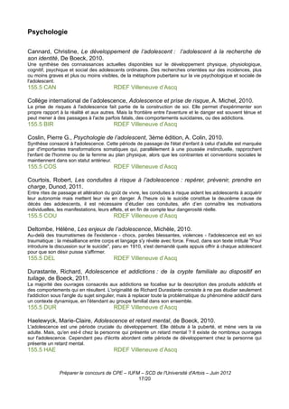 Psychologie

Cannard, Christine, Le développement de l’adolescent : l’adolescent à la recherche de
son identité, De Boeck, 2010.
Une synthèse des connaissances actuelles disponibles sur le développement physique, physiologique,
cognitif, psychique et social des adolescents ordinaires. Des recherches orientées sur des incidences, plus
ou moins graves et plus ou moins visibles, de la métaphore pubertaire sur la vie psychologique et sociale de
l'adolescent.
155.5 CAN                               RDEF Villeneuve d’Ascq

Collège international de l’adolescence, Adolescence et prise de risque, A. Michel, 2010.
La prise de risques à l'adolescence fait partie de la construction de soi. Elle permet d'expérimenter son
propre rapport à la réalité et aux autres. Mais la frontière entre l'aventure et le danger est souvent ténue et
peut mener à des passages à l'acte parfois fatals, des comportements suicidaires, ou des addictions.
155.5 BIR                               RDEF Villeneuve d’Ascq

Coslin, Pierre G., Psychologie de l’adolescent, 3ème édition, A. Colin, 2010.
Synthèse consacré à l'adolescence. Cette période de passage de l'état d'enfant à celui d'adulte est marquée
par d'importantes transformations somatiques qui, parallèlement à une poussée instinctuelle, rapprochent
l'enfant de l'homme ou de la femme au plan physique, alors que les contraintes et conventions sociales le
maintiennent dans son statut antérieur.
155.5 COS                               RDEF Villeneuve d’Ascq

Courtois, Robert, Les conduites à risque à l’adolescence : repérer, prévenir, prendre en
charge, Dunod, 2011.
Entre rites de passage et altération du goût de vivre, les conduites à risque aident les adolescents à acquérir
leur autonomie mais mettent leur vie en danger. À l’heure où le suicide constitue la deuxième cause de
décès des adolescents, il est nécessaire d’étudier ces conduites, afin d’en connaître les motivations
individuelles, les manifestations, leurs effets, et en fin de compte leur dangerosité réelle.
155.5 COU                               RDEF Villeneuve d’Ascq

Deltombe, Hélène, Les enjeux de l’adolescence, Michèle, 2010.
Au-delà des traumatismes de l'existence - chocs, paroles blessantes, violences - l'adolescence est en soi
traumatique : la mésalliance entre corps et langage s'y révèle avec force. Freud, dans son texte intitulé "Pour
introduire la discussion sur le suicide", paru en 1910, s'est demandé quels appuis offrir à chaque adolescent
pour que son désir puisse s'affirmer.
155.5 DEL                               RDEF Villeneuve d’Ascq

Durastante, Richard, Adolescence et addictions : de la crypte familiale au dispositif en
tuilage, de Boeck, 2011.
La majorité des ouvrages consacrés aux addictions se focalise sur la description des produits addictifs et
des comportements qui en résultent. L'originalité de Richard Durastante consiste à ne pas étudier seulement
l'addiction sous l'angle du sujet singulier, mais à replacer toute la problématique du phénomène addictif dans
un contexte dynamique, en l'étendant au groupe familial dans son ensemble.
155.5 DUR                               RDEF Villeneuve d’Ascq

Haelewyck, Marie-Claire, Adolescence et retard mental, de Boeck, 2010.
L'adolescence est une période cruciale du développement. Elle débute à la puberté, et mène vers la vie
adulte. Mais, qu'en est-il chez la personne qui présente un retard mental ? Il existe de nombreux ouvrages
sur l'adolescence. Cependant peu d'écrits abordent cette période de développement chez la personne qui
présente un retard mental.
155.5 HAE                               RDEF Villeneuve d’Ascq


               Préparer le concours de CPE – IUFM – SCD de l'Université d'Artois – Juin 2012
                                                 17/20
 