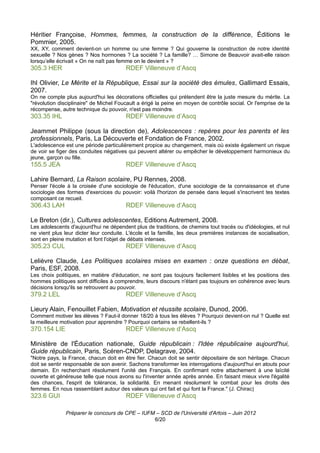 Héritier Françoise, Hommes, femmes, la construction de la différence, Éditions le
Pommier, 2005.
XX, XY, comment devient-on un homme ou une femme ? Qui gouverne la construction de notre identité
sexuelle ? Nos gènes ? Nos hormones ? La société ? La famille? … Simone de Beauvoir avait-elle raison
lorsqu’elle écrivait « On ne naît pas femme on le devient » ?
305.3 HER                               RDEF Villeneuve d’Ascq

Ihl Olivier, Le Mérite et la République, Essai sur la société des émules, Gallimard Essais,
2007.
On ne compte plus aujourd'hui les décorations officielles qui prétendent être la juste mesure du mérite. La
"révolution disciplinaire" de Michel Foucault a érigé la peine en moyen de contrôle social. Or l'emprise de la
récompense, autre technique du pouvoir, n'est pas moindre.
303.35 IHL                              RDEF Villeneuve d’Ascq

Jeammet Philippe (sous la direction de), Adolescences : repères pour les parents et les
professionnels, Paris, La Découverte et Fondation de France, 2002.
L'adolescence est une période particulièrement propice au changement, mais où existe également un risque
de voir se figer des conduites négatives qui peuvent altérer ou empêcher le développement harmonieux du
jeune, garçon ou fille.
155.5 JEA                               RDEF Villeneuve d’Ascq

Lahire Bernard, La Raison scolaire, PU Rennes, 2008.
Penser l'école à la croisée d'une sociologie de l'éducation, d'une sociologie de la connaissance et d'une
sociologie des formes d'exercices du pouvoir: voilà l'horizon de pensée dans lequel s'inscrivent tes textes
composant ce recueil.
306.43 LAH                              RDEF Villeneuve d’Ascq

Le Breton (dir.), Cultures adolescentes, Editions Autrement, 2008.
Les adolescents d'aujourd'hui ne dépendent plus de traditions, de chemins tout tracés ou d'idéologies, et nul
ne vient plus leur dicter leur conduite. L'école et la famille, les deux premières instances de socialisation,
sont en pleine mutation et font l'objet de débats intenses.
305.23 CUL                              RDEF Villeneuve d’Ascq

Lelièvre Claude, Les Politiques scolaires mises en examen : onze questions en débat,
Paris, ESF, 2008.
Les choix politiques, en matière d'éducation, ne sont pas toujours facilement lisibles et les positions des
hommes politiques sont difficiles à comprendre, leurs discours n'étant pas toujours en cohérence avec leurs
décisions lorsqu'ils se retrouvent au pouvoir.
379.2 LEL                               RDEF Villeneuve d’Ascq

Lieury Alain, Fenouillet Fabien, Motivation et réussite scolaire, Dunod, 2006.
Comment motiver les élèves ? Faut-il donner 18/20 à tous les élèves ? Pourquoi devient-on nul ? Quelle est
la meilleure motivation pour apprendre ? Pourquoi certains se rebellent-ils ?
370.154 LIE                             RDEF Villeneuve d’Ascq

Ministère de l'Éducation nationale, Guide républicain : l'Idée républicaine aujourd'hui,
Guide républicain, Paris, Scéren-CNDP, Delagrave, 2004.
"Notre pays, la France, chacun doit en être fier. Chacun doit se sentir dépositaire de son héritage. Chacun
doit se sentir responsable de son avenir. Sachons transformer les interrogations d'aujourd'hui en atouts pour
demain. En recherchant résolument l'unité des Français. En confirmant notre attachement à une laïcité
ouverte et généreuse telle que nous avons su l'inventer année après année. En faisant mieux vivre l'égalité
des chances, l'esprit de tolérance, la solidarité. En menant résolument le combat pour les droits des
femmes. En nous rassemblant autour des valeurs qui ont fait et qui font la France." (J. Chirac)
323.6 GUI                               RDEF Villeneuve d’Ascq

              Préparer le concours de CPE – IUFM – SCD de l'Université d'Artois – Juin 2012
                                                6/20
 