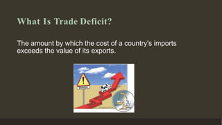 What Is Trade Deficit?
The amount by which the cost of a country's imports
exceeds the value of its exports.
 