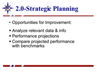 2.0-Strategic Planning Opportunities for Improvement: Analyze relevant data & info Performance projections Compare projected performance  with benchmarks 