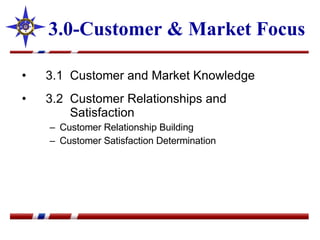 3.0-Customer & Market Focus 3.1  Customer and Market Knowledge 3.2  Customer Relationships and   Satisfaction Customer Relationship Building Customer Satisfaction Determination 