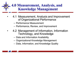 4.0 Measurement, Analysis, and Knowledge Management 4.1  Measurement, Analysis and Improvement   of Organizational Performance Performance Measurement Performance, Review, and Improvement 4.2  Management of Information, Information   Technology, and Knowledge Data and Information Availability Organizational Knowledge Management Data, Information, and Knowledge Quality 