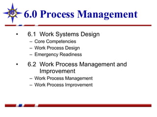 6.0 Process Management 6.1  Work Systems Design Core Competencies Work Process Design Emergency Readiness 6.2  Work Process Management and   Improvement Work Process Management Work Process Improvement 