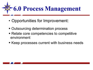 6.0 Process Management Opportunities for Improvement: Outsourcing determination process  Relate core competencies to competitive environment Keep processes current with business needs   