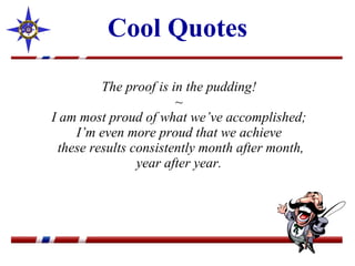 Cool Quotes The proof is in the pudding! ~ I am most proud of what we’ve accomplished; I’m even more proud that we achieve  these results consistently month after month, year after year. 