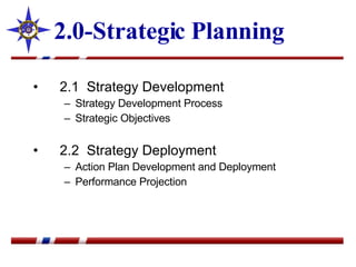 2.0-Strategic Planning 2.1  Strategy Development Strategy Development Process Strategic Objectives 2.2  Strategy Deployment Action Plan Development and Deployment Performance Projection 