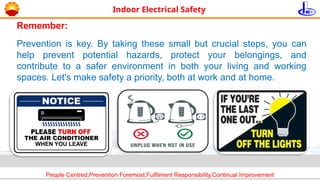 People Centred,Prevention Foremost,Fulfilment Responsibility,Continual Improvement
Prevention is key. By taking these small but crucial steps, you can
help prevent potential hazards, protect your belongings, and
contribute to a safer environment in both your living and working
spaces. Let's make safety a priority, both at work and at home.
Indoor Electrical Safety
Remember:
 