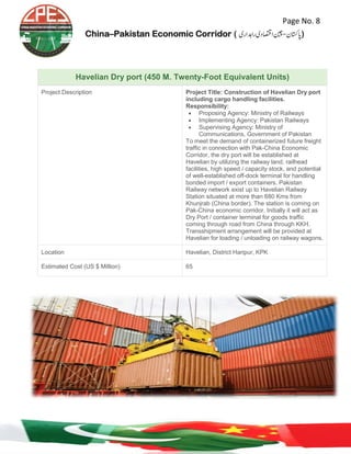 Page No. 8
China–Pakistan Economic Corridor ( ‫رادہاری‬‫ااصتقدی‬‫اپاتسكن-نیچ‬‎)
Havelian Dry port (450 M. Twenty-Foot Equivalent Units)
Project Description Project Title: Construction of Havelian Dry port
including cargo handling facilities.
Responsibility:
 Proposing Agency: Ministry of Railways
 Implementing Agency: Pakistan Railways
 Supervising Agency: Ministry of
Communications, Government of Pakistan
To meet the demand of containerized future freight
traffic in connection with Pak-China Economic
Corridor, the dry port will be established at
Havelian by utilizing the railway land, railhead
facilities, high speed / capacity stock, and potential
of well-established off-dock terminal for handling
bonded import / export containers. Pakistan
Railway network exist up to Havelian Railway
Station situated at more than 680 Kms from
Khunjrab (China border). The station is coming on
Pak-China economic corridor. Initially it will act as
Dry Port / container terminal for goods traffic
coming through road from China through KKH.
Transshipment arrangement will be provided at
Havelian for loading / unloading on railway wagons.
Location Havelian, District Haripur, KPK
Estimated Cost (US $ Million) 65
 