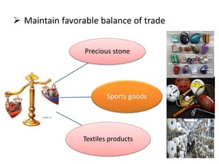 Precious stone
Sports goods
Textiles products
 Maintain favorable balance of trade
 