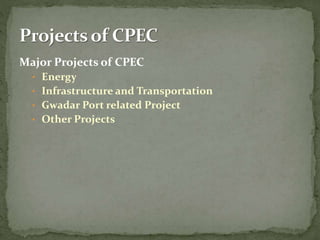 Major Projects of CPEC
• Energy
• Infrastructure and Transportation
• Gwadar Port related Project
• Other Projects
 